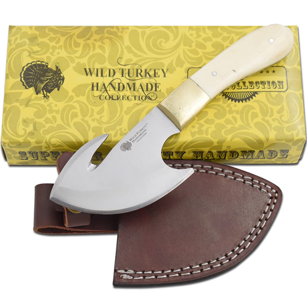 Wild Turkey Handmade Collection Full Tang Fixed Blade Gut Hook Skinner Knife w/Leather Sheath. (Bone)