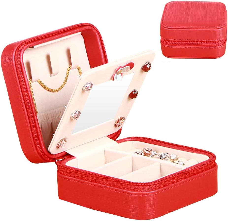 YAPISHI Travel Jewelry Case for Girls, Small Jewelry Organizer with Makeup Mirror, Portable Jewelry Storage Box for Earrings Necklace Rings Bracelet Watch Cosmetic, Leatherette Jewellery Bag (Red)