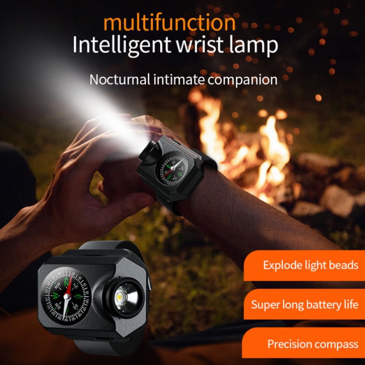 Multifunction Intelligent Wrist Lamp with Compass, LED Flashlight, Black, 5 Lighting Modes, USB-C Rechargeable