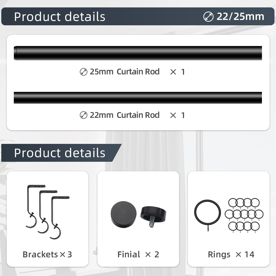 25 mm diameter black curtain poles, 70-140 cm seamless curtain rod design - Image 4