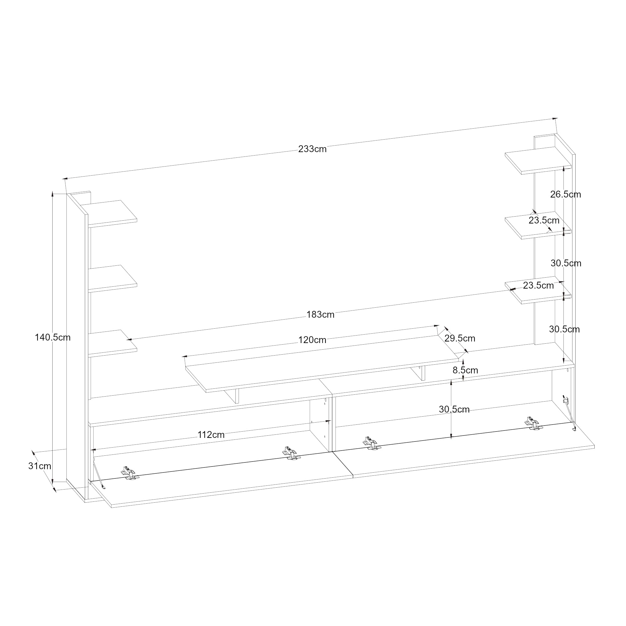 [en.casa] Mobile Porta TV con 6 Ripiani Laterali Stand Multimediale a 2 Vani Chiusi con Ante a Ribalta Scomparto Aperto 233x31x141 cm Soggiorno - Effetto Noce