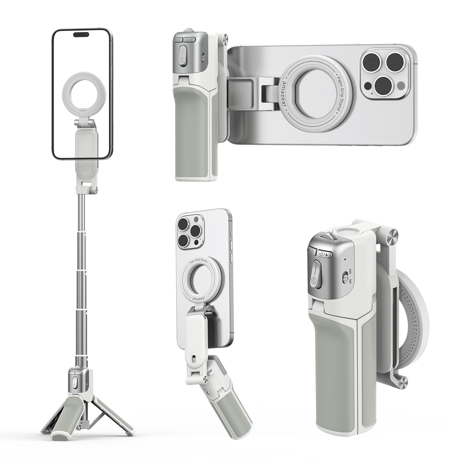 AMAZEAR Phone Camera Grip with Selfie Stick Tripod, Cellphone Accessories with Detachable Wireless Shutter Button for iPhone 16 17 Pro Max, Comfort Ergonomic Smartphone Handle Holder, White-image-38