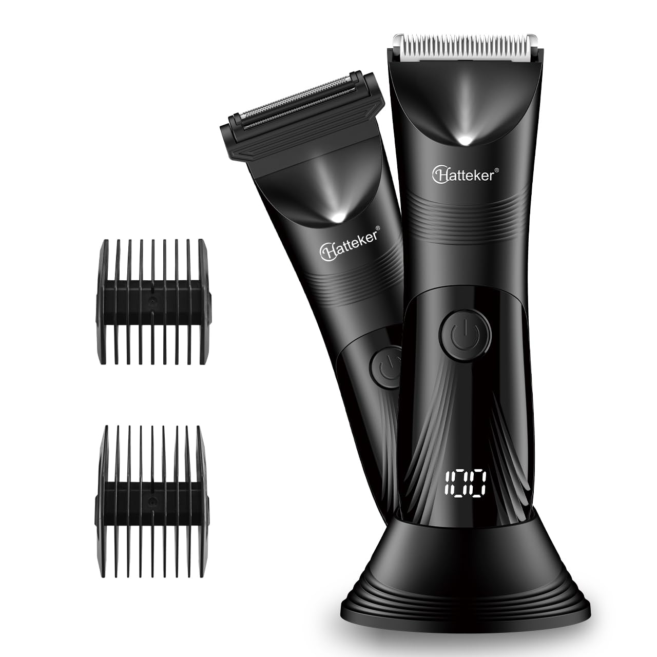 The HATTEKER HT-8102 body hair trimmer, showing its sleek black design and LED display.