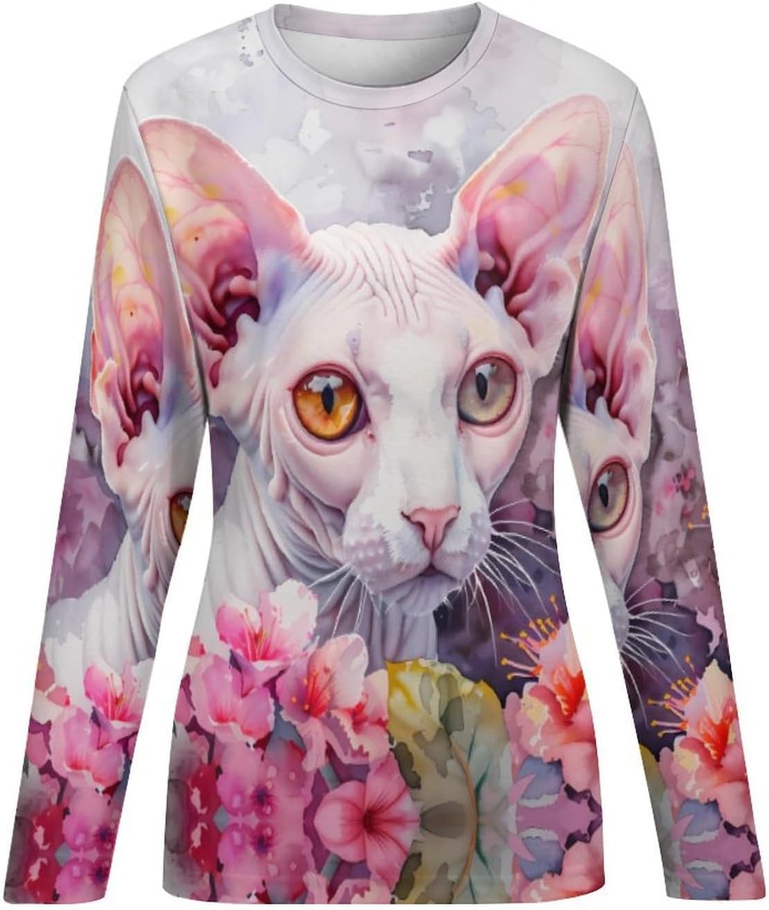 Watercolor Sphynx Cat Flowers Women's Pajama Top Sleepwear Pajamas Sleep T-Shirt Long Sleeve Shirt Crewneck Tee