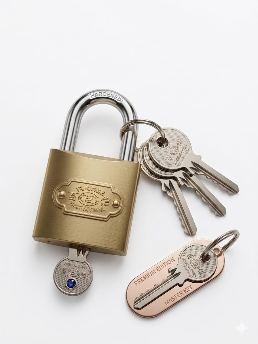 Tri Circle Premium Brass Padlock with Hardened Steel Shackle, 40mm, Gold Finish, High Security, Anti-Rust, Includes Three Keys-image-46