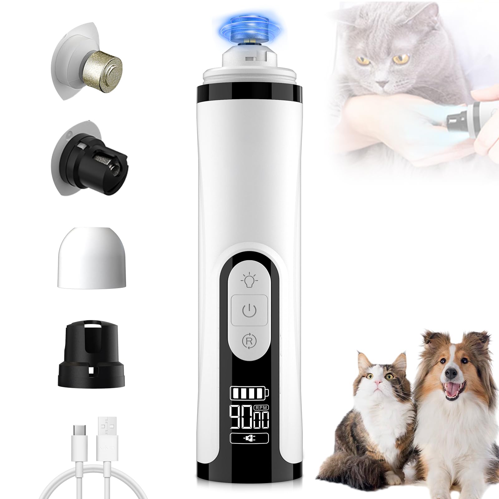 2026 Upgraded Silent Dog Nail Grinder, 3-Speed Powerful Electric Pet Nail Trimmer, Indoor cat Nail Trimmer,Rechargeable with 2 LED Lights/Grinding Wheels for Small, Medium, and Large Dogs and Cats