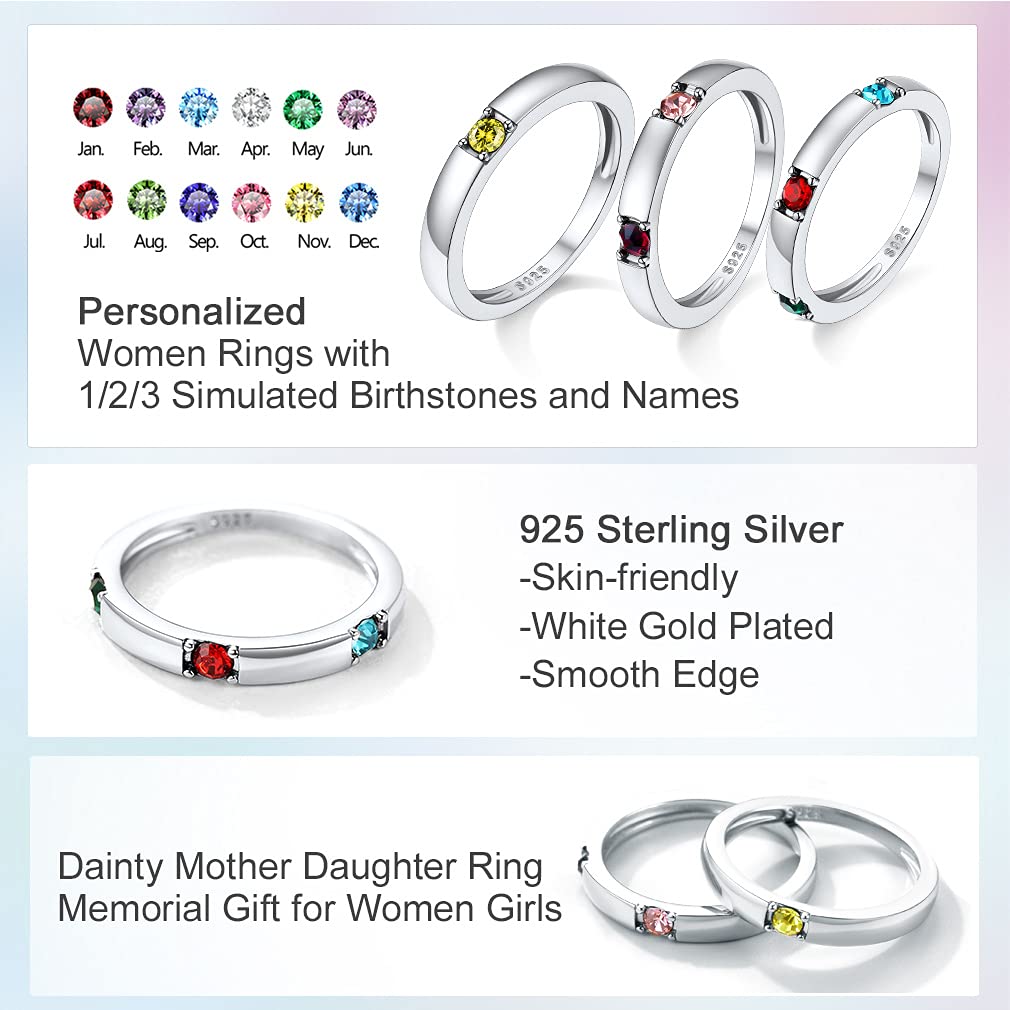 Custom4U Personalizado Anillo Fino de Compromiso Plata de Ley 925 con 1/2/3/4 Piedras de Cumpleaños y Nombres Grabados Joyería Delicado de Promesa y Día Valentín Regalo para Parejas Talla 5-11