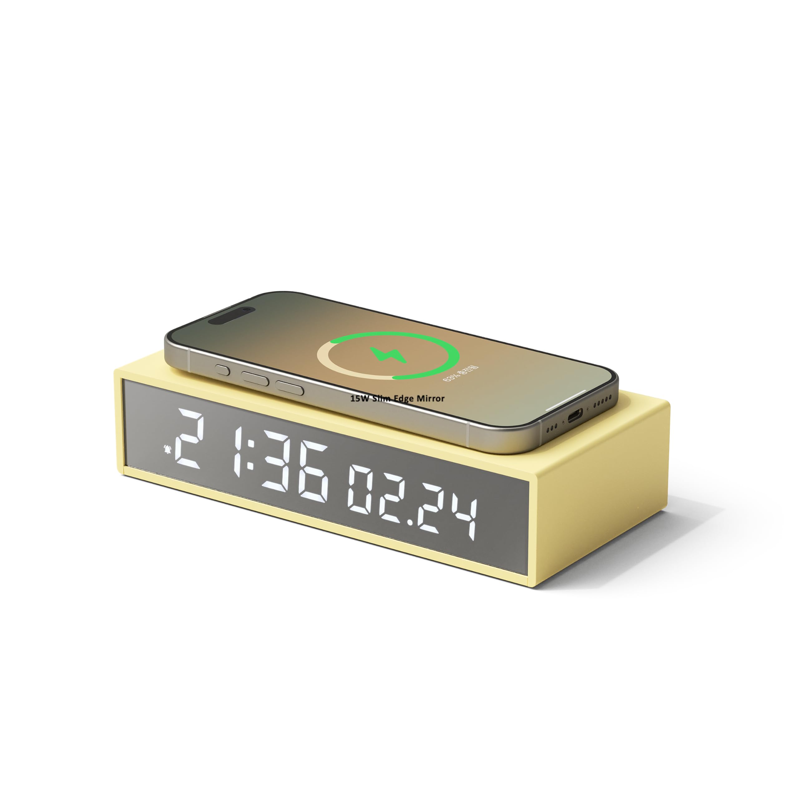 mooas 15W Slim Edge Mirror Wireless Charging Clock (Butter), Max.15W Fast Wireless Charging, 12/24H time Mode, Alarm & Snooze, Adjustable Brightness Night Mode, Small Digital Alarm Clock Mirror Clock