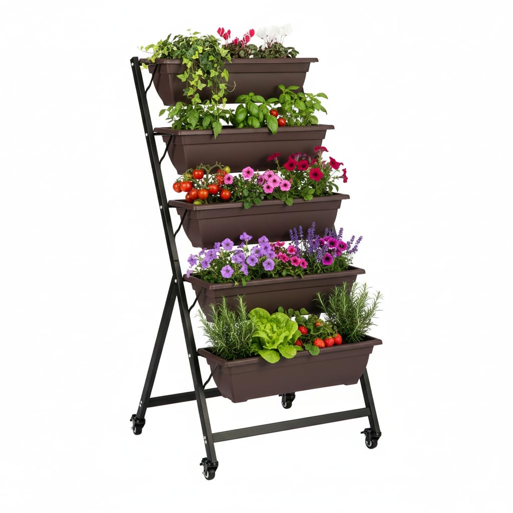 Hochbeet, Blumentreppe mit Rollen, Blumenkasten mit 5 Etagen Pflanzenregal Frühbeet Pflanzbeet Gemüsebeet Kräuterbeet für Garten Outdoor Balkon (Braun 5-stöckig)