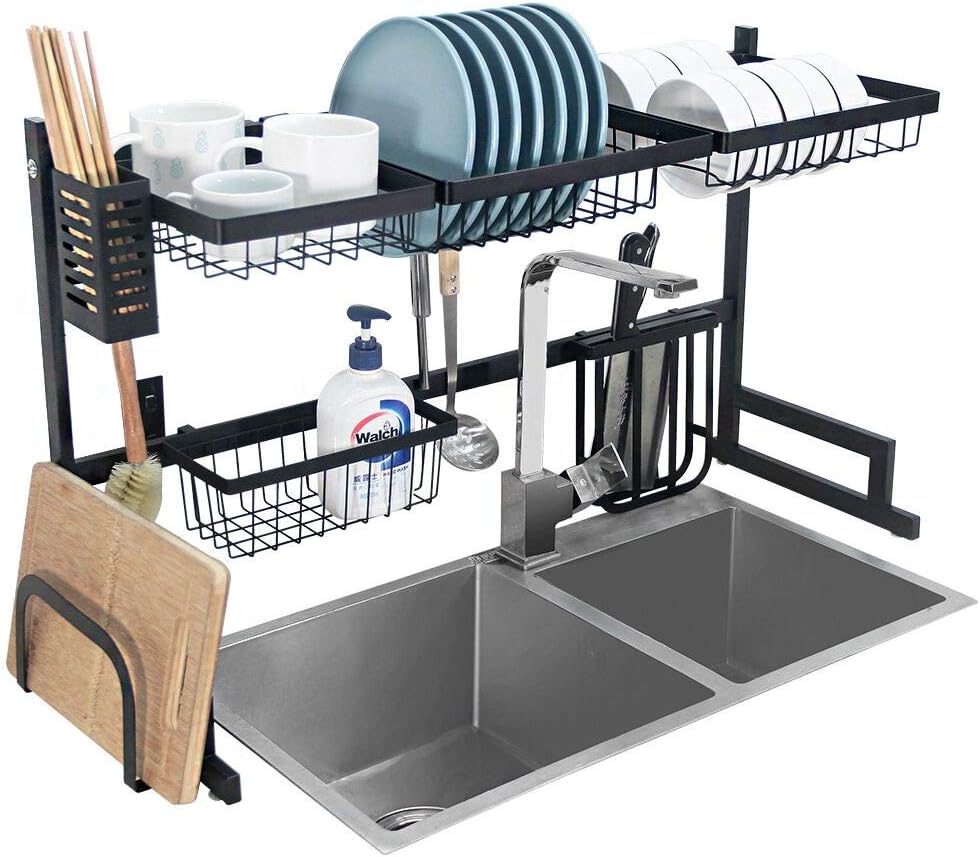 Dish Drying Rack Over Sink Kitchen Supplies Storage Shelf Countertop Space Saver Display Stand Tableware Drainer Organizer Utensils Holder Stainless Steel, Black