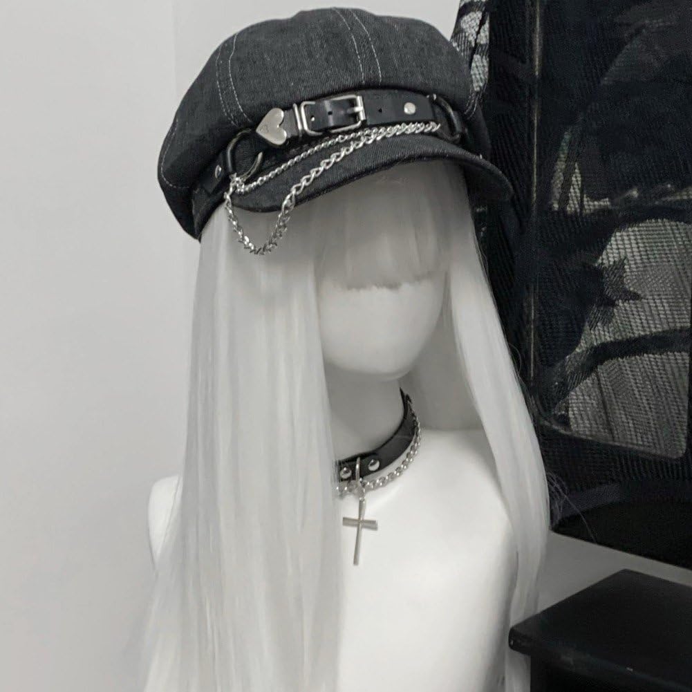 Gothic Lolita Beret Hat Goth Y2k Heart Chain Denim Beret 