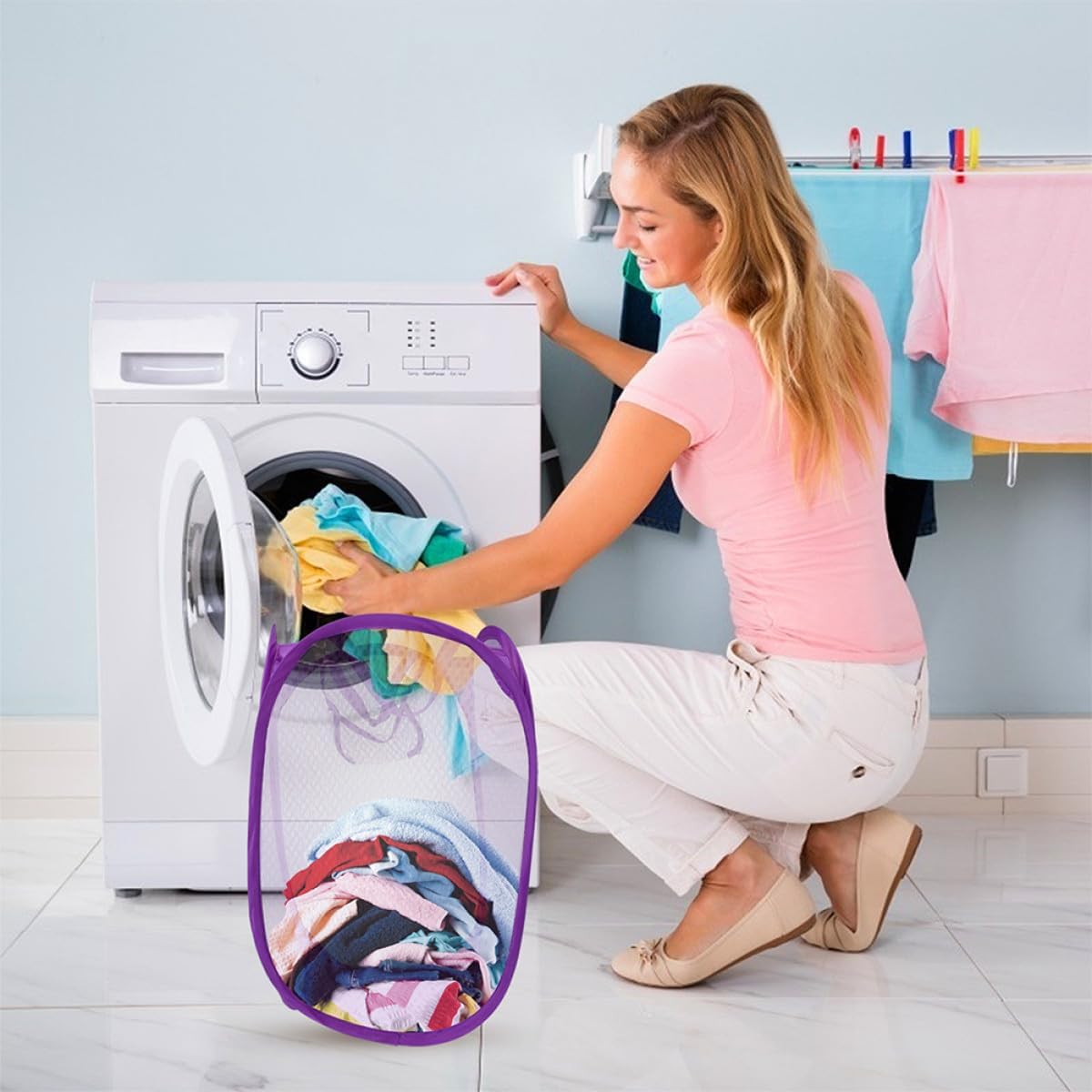 TIDTALEO Mesh Laundry Hampers Foldable Clothes Basket with Drawstring Closure, Purple 2pcs Dirty Clothes Storage Bags for Home Laundry Organization