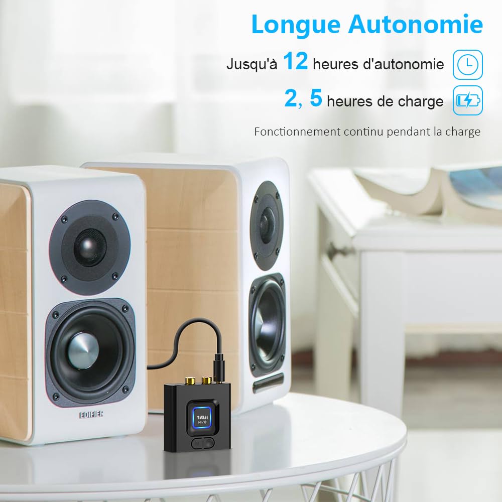 1Mii ML201 Récepteur Bluetooth 5.1, Modernisez Votre Ancien Système Audio | Adaptateur Bluetooth 3,5mm/RCA, Streaming Hi-Fi sans Fil depuis Mobile/Tablette vers Enceinte Filaire, 12H Lecture, Mode Bass