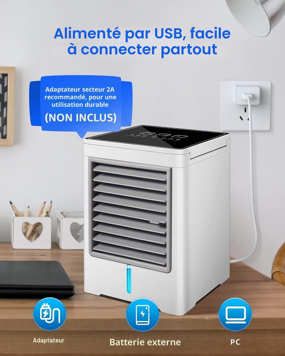 Climatiseur Mobile Portable, Ventilateur Sans Évacuation – Rafraîchisseur d'Air USB 6W, 3 Vitesses, Minuterie, Faible Consommation, pour Bureau, Chambre, Camping, Tente