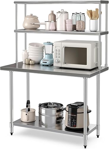 Giantex Mesa de acero inoxidable con repisa, mesa de preparación de 48 x 30 pulgadas con estante superior de 48 x 30 pulgadas, estante superior de 2