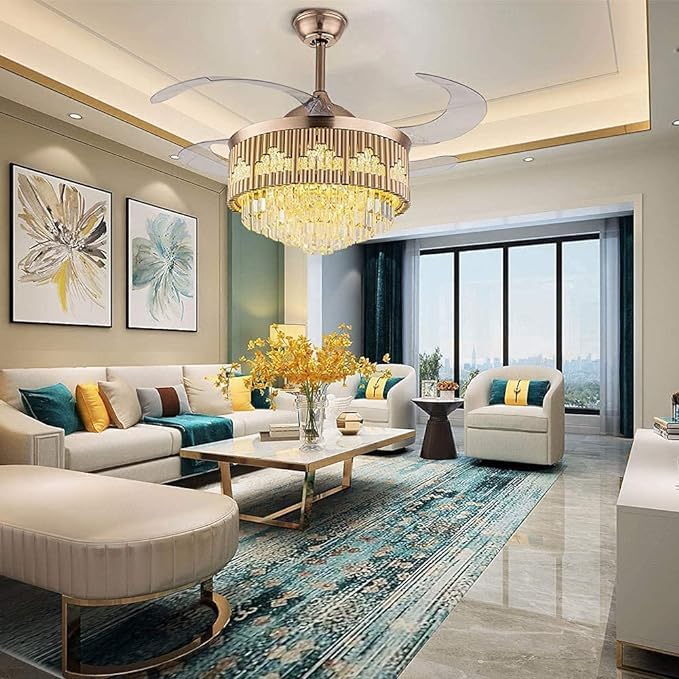 BASLASH Crystal Ceiling Fan Chandelier Luxury 42 Inch Gold Retractable Light LED 3 Color Setting Control with Remote - Warm White_42 inchs (Golden)