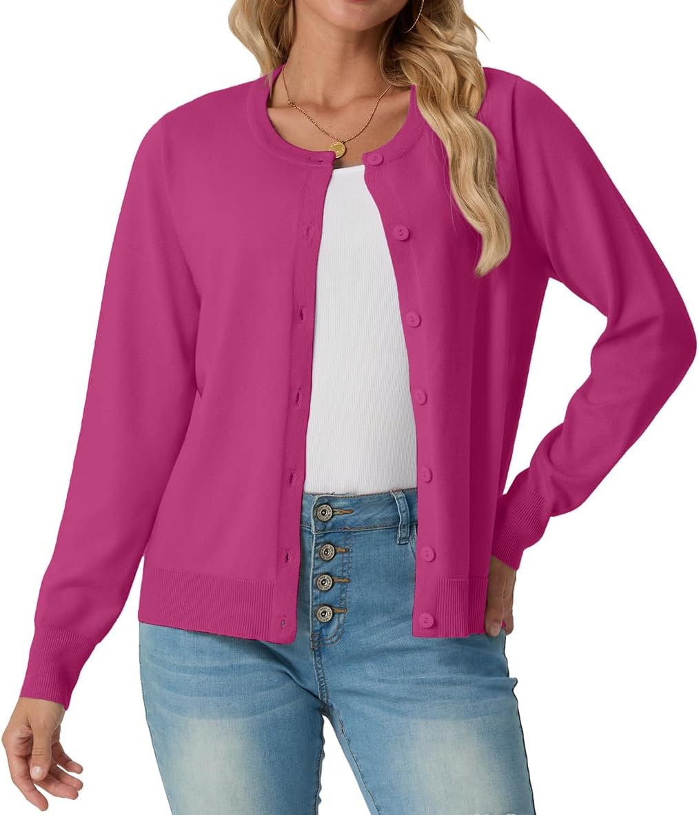 GRECERELLE Women's Lightweight Button Down Long Sleeve Crewneck Cardigan Sweater - Image 2