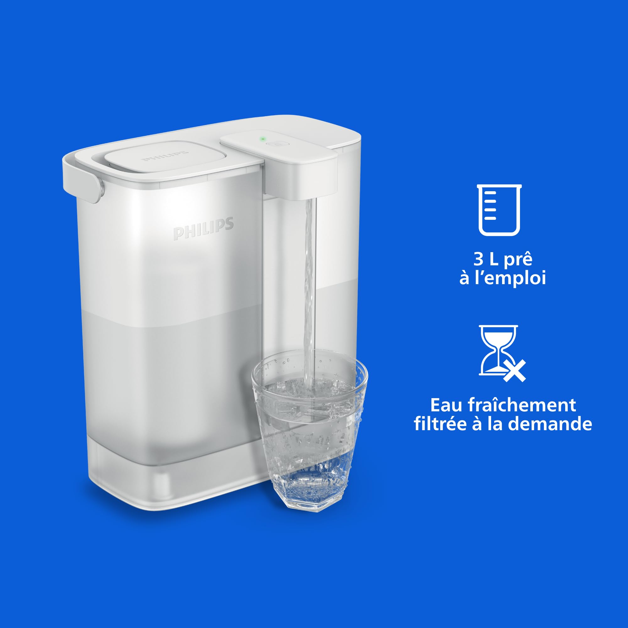 Philips Water Distributeur d’eau filtrée à la demande (3L) – Eau fraîche et propre, 3x filtre Taste+ améliorant le goût et réduisant les impuretés, sans BPA