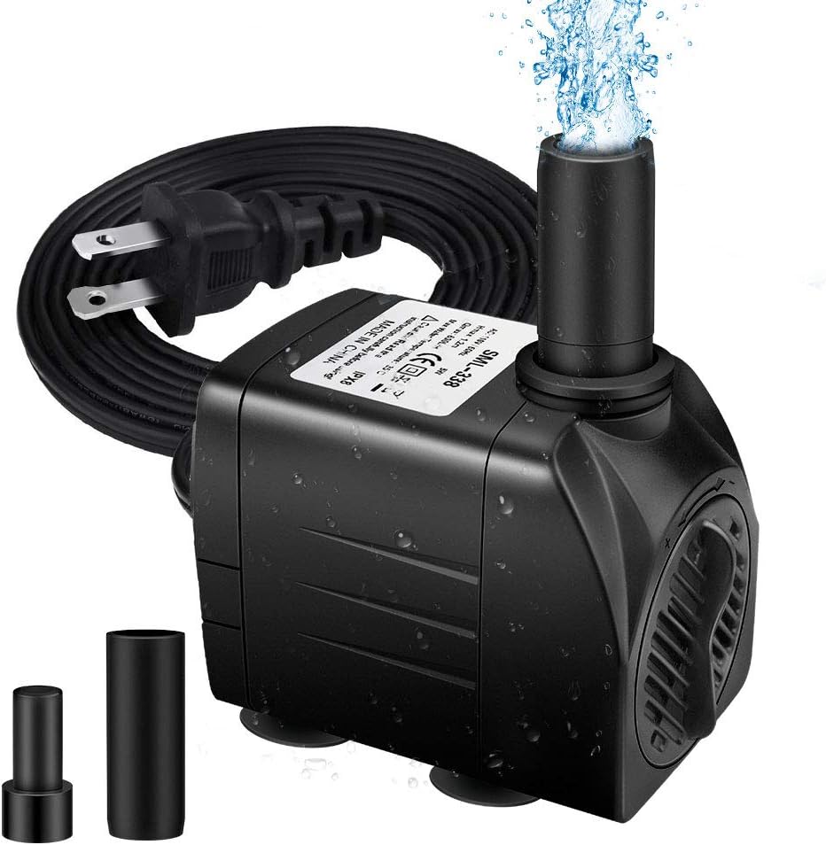 Winkeyes 160GPH Fountain Pump with 48” Lift, 8W Small Submersible Fountain Water Pump for Outdoor Indoor Tabletop Water Fountain, Aquarium, Fish Tank, Hydroponic, Pond, 6ft Power Cord, 2 Nozzles