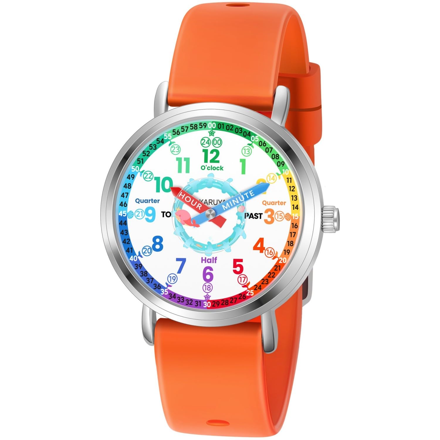 Analoge Kinderuhr, Lernuhr für Kinder von 8–12 Jahren, rosa süßer Wal, wasserdichte Kinderuhren für Jungen im Alter von 5–7, 6–8, Mädchen-Uhren, orangefarbenes Armband