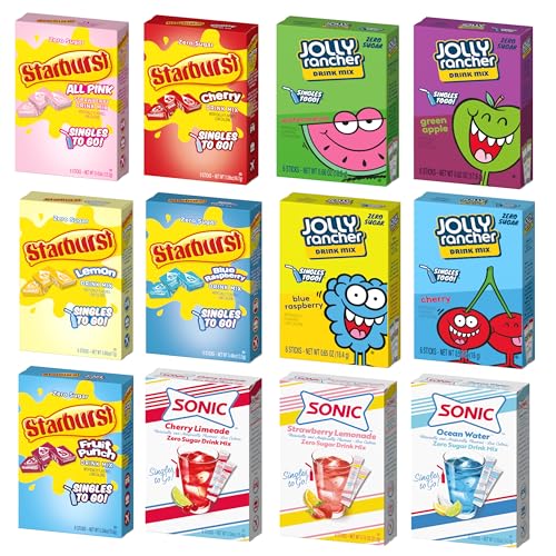 SINGLES TO GO! Drink Mix Variety 12 Pack - 3 Sonic Flavors, 4 Jolly Rancher Flavors and 5 Starburst Flavors - Powdered Drink Mix - On the go Convenience