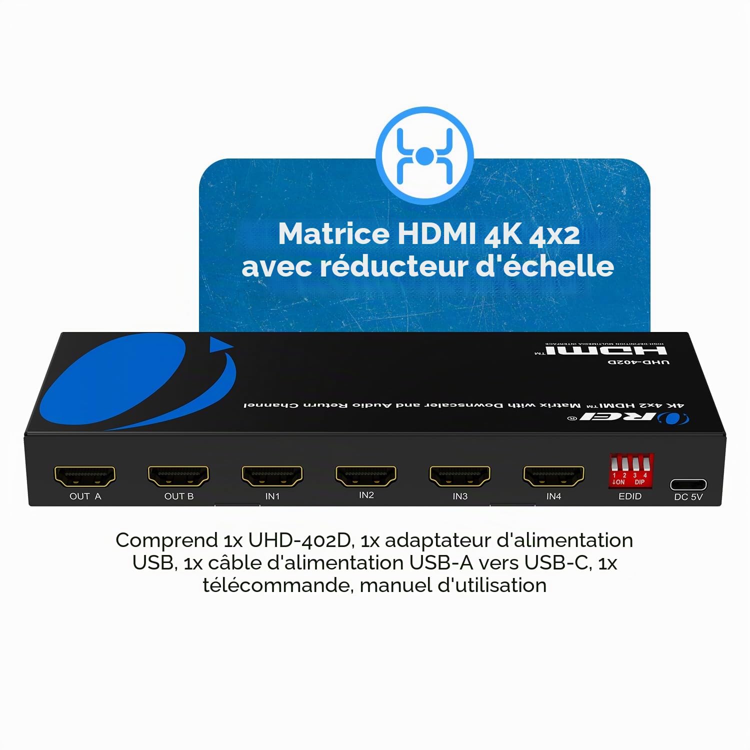 OREI Commutateur matriciel HDMI 4 x 2 - Extraction audio 4K @ 60 Hz, EDID, IR, HDCP 2.2