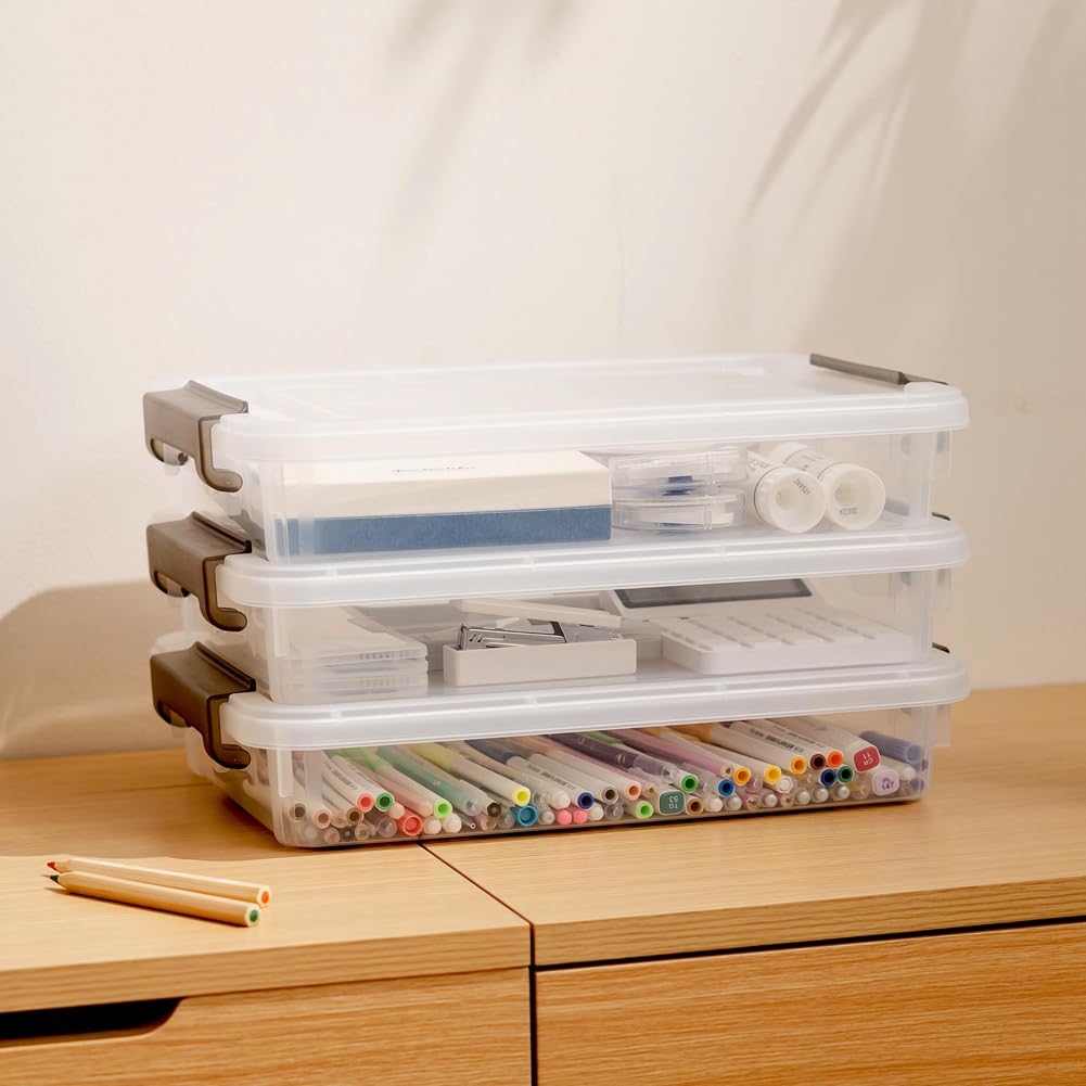 Confezione da 3 contenitori impilabili in plastica trasparente con coperchio a scatto, custodia portatile per documenti e altro ancora