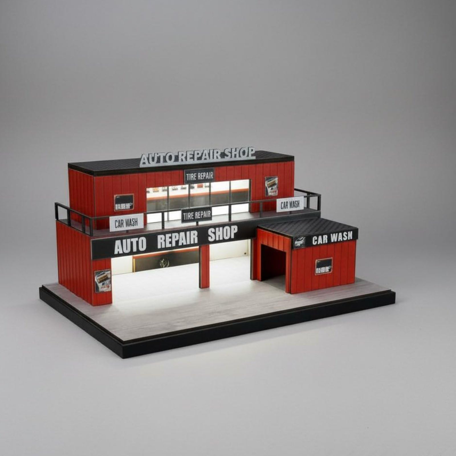 Container Garage Display Modello Garage Diorama Officina Parcheggio Miniatura Scenico con Luci Struttura Compatta a Due Livelli in Plastica Resina