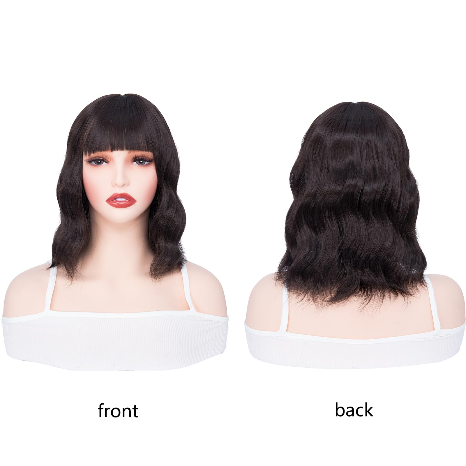 BUYOGET Wavy Bob Wig with Bangs Dark Brown Synthetic Hair Shoulder Length 12 Inch Short Curly Wigs for Women - Image 2