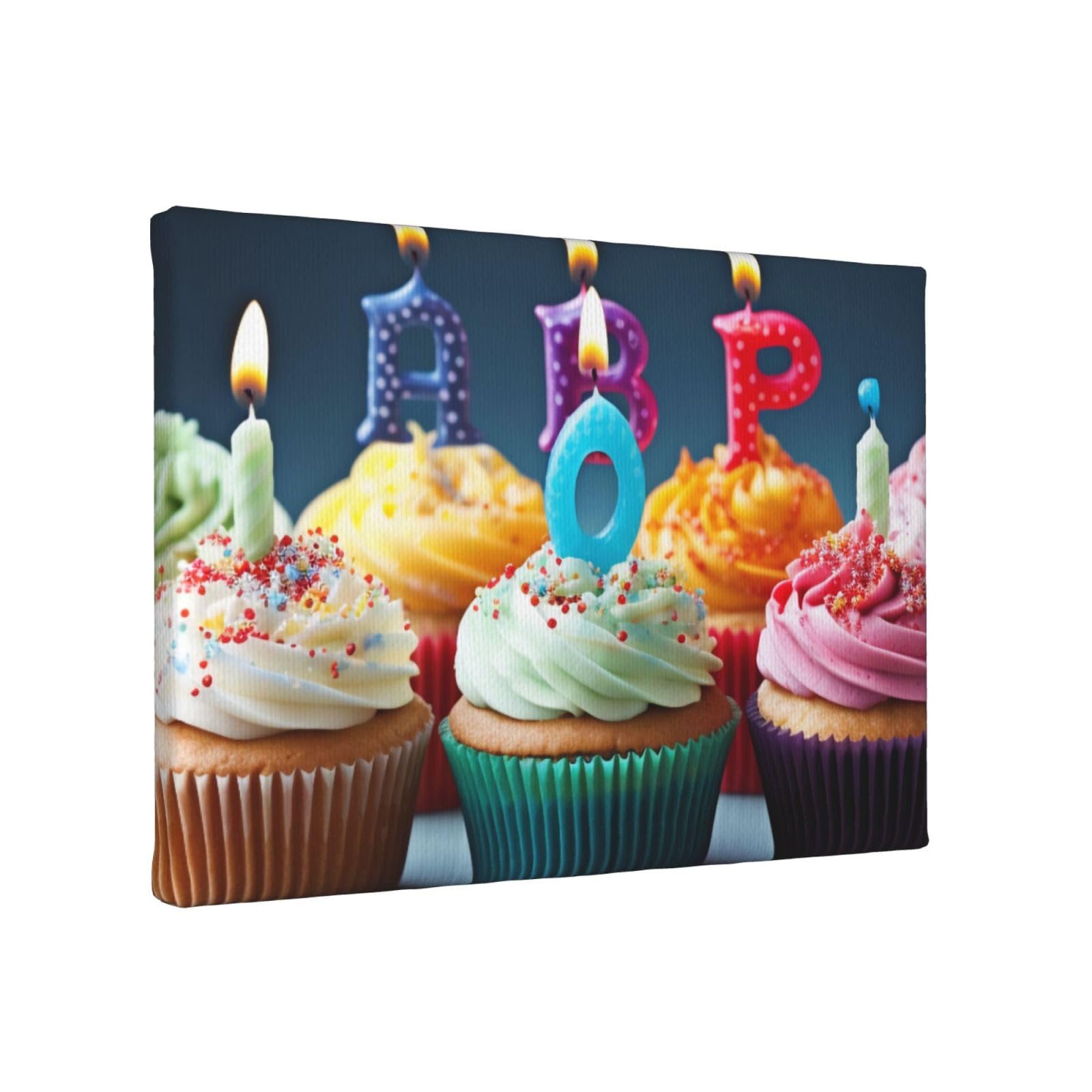 YKLJG Colorful Happy Birthday Cupcakes Printed Wall Art Canvas Painting 30x20 CM Wooden Framed Picture Painting Artwork Prints for Bedroom Kitchen Home Office Decor