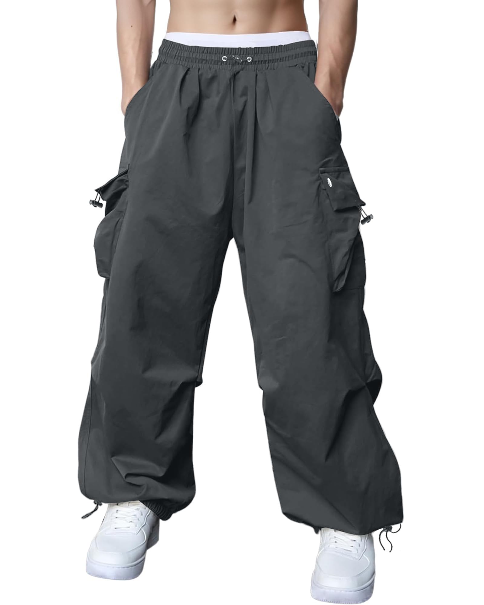 Susclude Parachute Cargo Pants for Men Loose Fit Baggy Sweatpants Casual Pant with Pocket Outdoor Drawstring Trousers