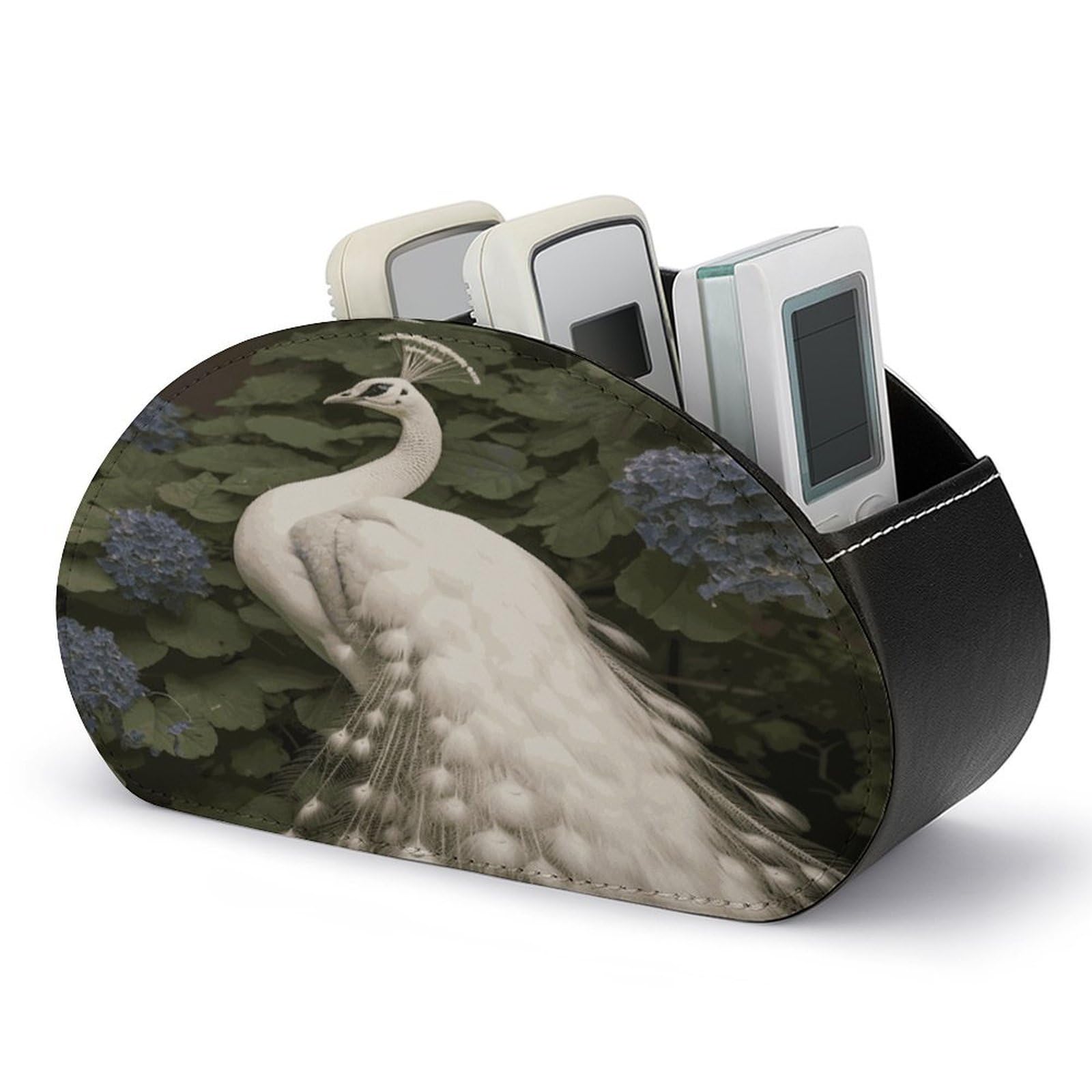 FekiLoot White Peacock Remote Control Holder, PU Leather Remote Control Organizer Box Stationery Remote Control Box Desk Storage Organizer for DVDs,Glasses,Pens,Media Players