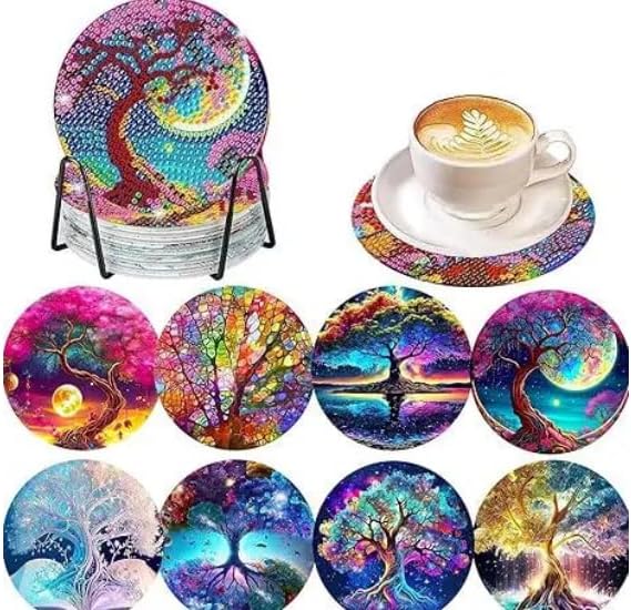 Syntego 8pcs 5D Diamond Painting Coasters Fantasy Tree of Life Coasters DIY Colourful Diamond Coasters Kit with Holder