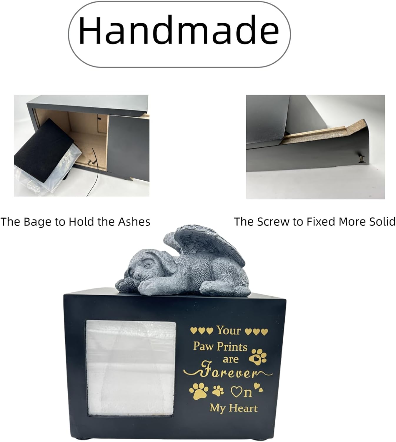 Large Wooden Pet Urn for Ashes, with Elegant Angel Dog Statue, Ashes Keepsake with Photo Frame,Loss Pet Dog Memorial Gift(Black) image 5