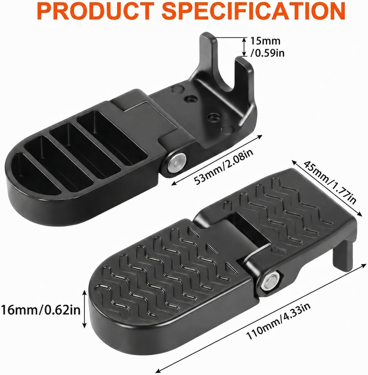 Heavy Duty E-Bike Foot Pegs for 15mm(0.59") Axle ONLY, Anti-Slip Foldable Rear Pedals for Passenger, Manganese Steel Reinforced Aluminum Bike Footrests for E-Bike, MTB & Folding