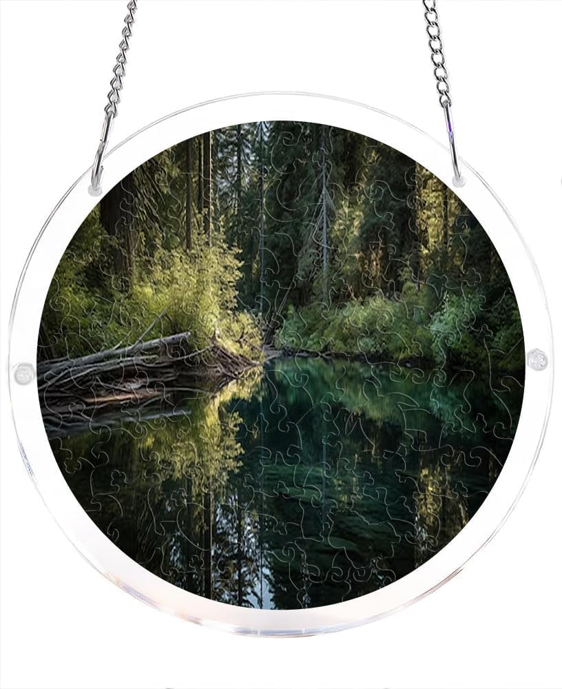 Forest Lake Reflection- Acrylic Jigsaw Puzzles Suncatcher, 8.9 Inch Window Hanging Suncatcher Acrylic Puzzle, DIY Home Decor Art Gift