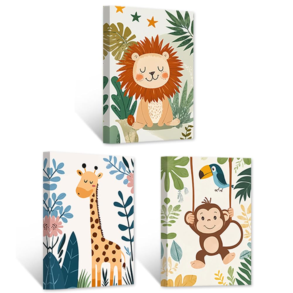CCWACPP Animal Nursery Wall Art Cute Animal Canvas Prints 3 Panels Lion Giraffe Monkey Pictures Jungle Nursery Prints Children's Room Boys Girls Room Decor Framed (60x90cmx3)