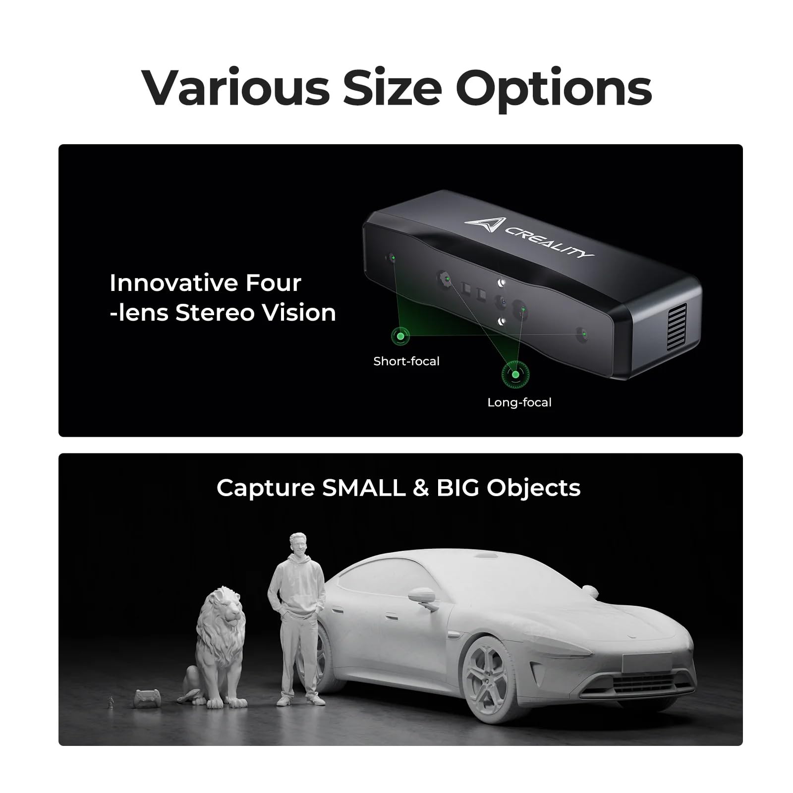Creality Otter Lite 3D-Scanner, 0,05 mm Hochpräzise, 30 fps kabelloser Griff Handheld Scanner für 3D-Druck, Anti-Shake-Tracking, 24-Bit Vollfarbscannen für Objekte zwischen 20 und 2000 mm