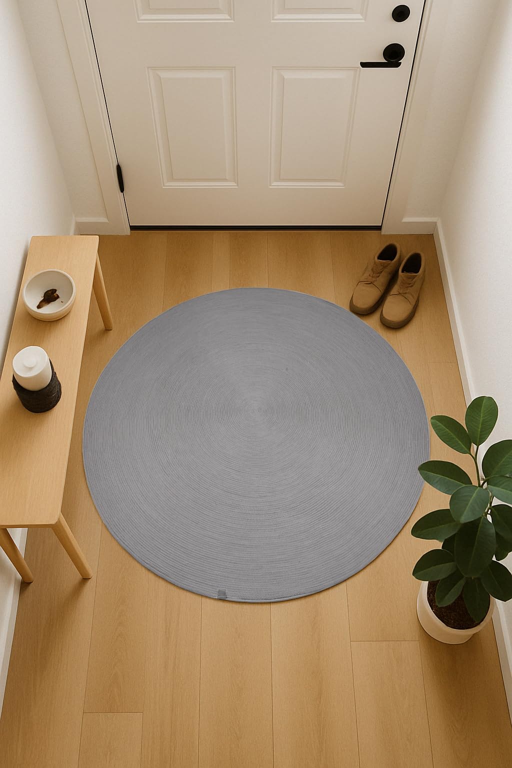 Astra Robuster Outdoorteppich rund - Beidseitig nutzbarer Teppich Innen und Außen - Handgenähter-Teppich Balkon, Terasse, Garten - Grau rund Ø 120 cm