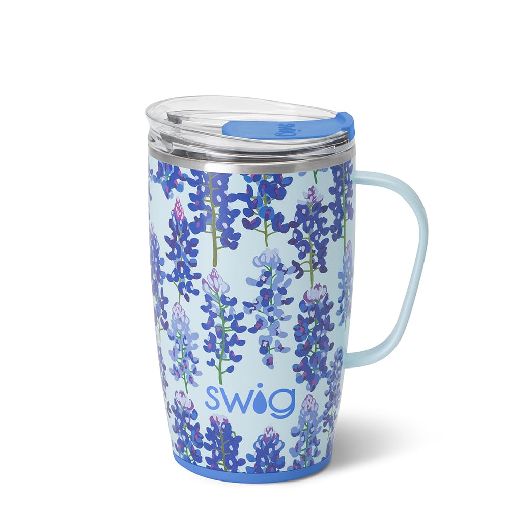 18oz Insulated Travel Mug with Handle & Lid, Bluebonnet