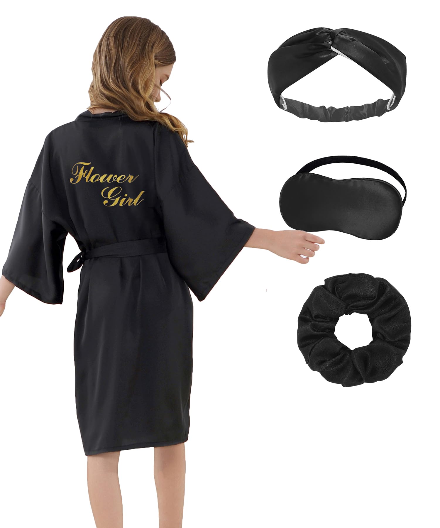 ALHAVONE Glittering Flower Girl Solid Color Satin Robe for Wedding Bridal Party (Black, 4)