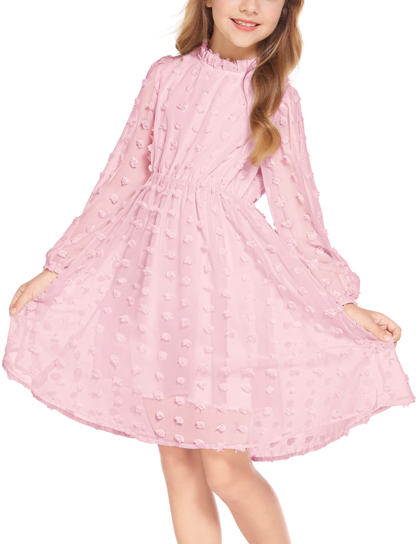 Arshiner Kleider Mädchen Elegant Rüschenkragen Langarmkleid Partykleid Festlich Hochzeit A-Linie Lässiges Freizeitkleid Kinder 5-13 Jaher