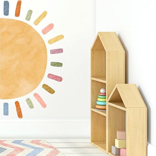 Miniatura 2 de Calcomanía de pared de acuarela grande con sol, diseño bohemio, para despegar y pegar, colorido arco iris, sol, calcomanías de pared extraíbles para