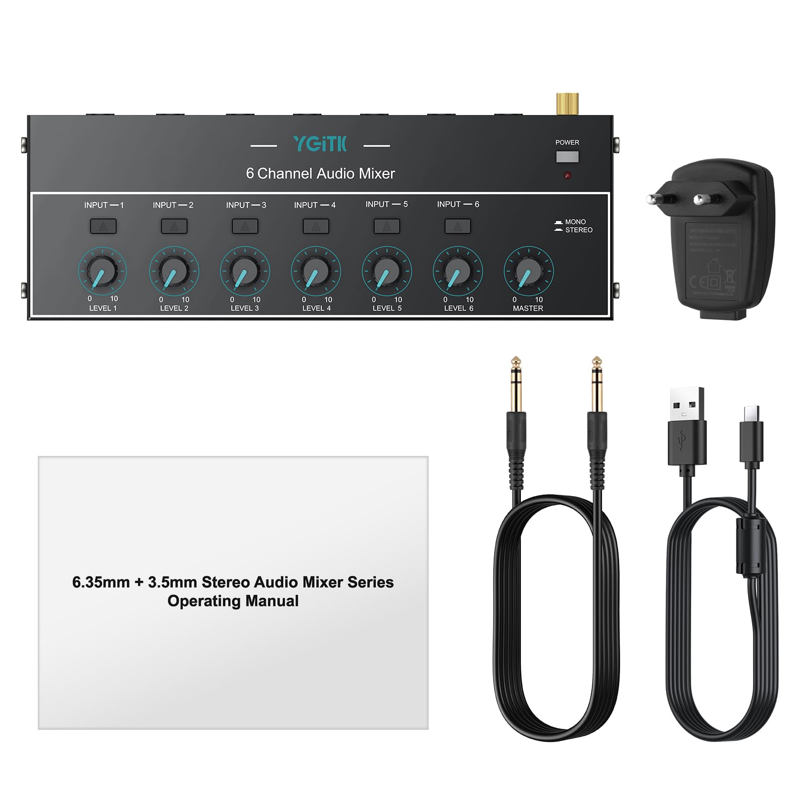 Audio Mixer 6 Kanal Stereo Audiomischer 6,35 mm+3,5 mm Mini-Audiomischer 6 Eingänge & 1 Ausgang, Type-C Aufladen, Ultra Niedrig Noise, mit Lautstärkeregelung