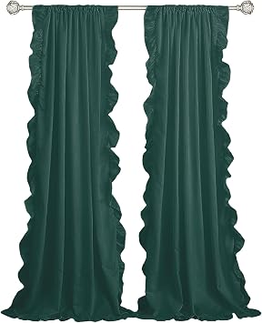 Ruffle Window Curtains 2 Panel Set for Living Room, Dark Green