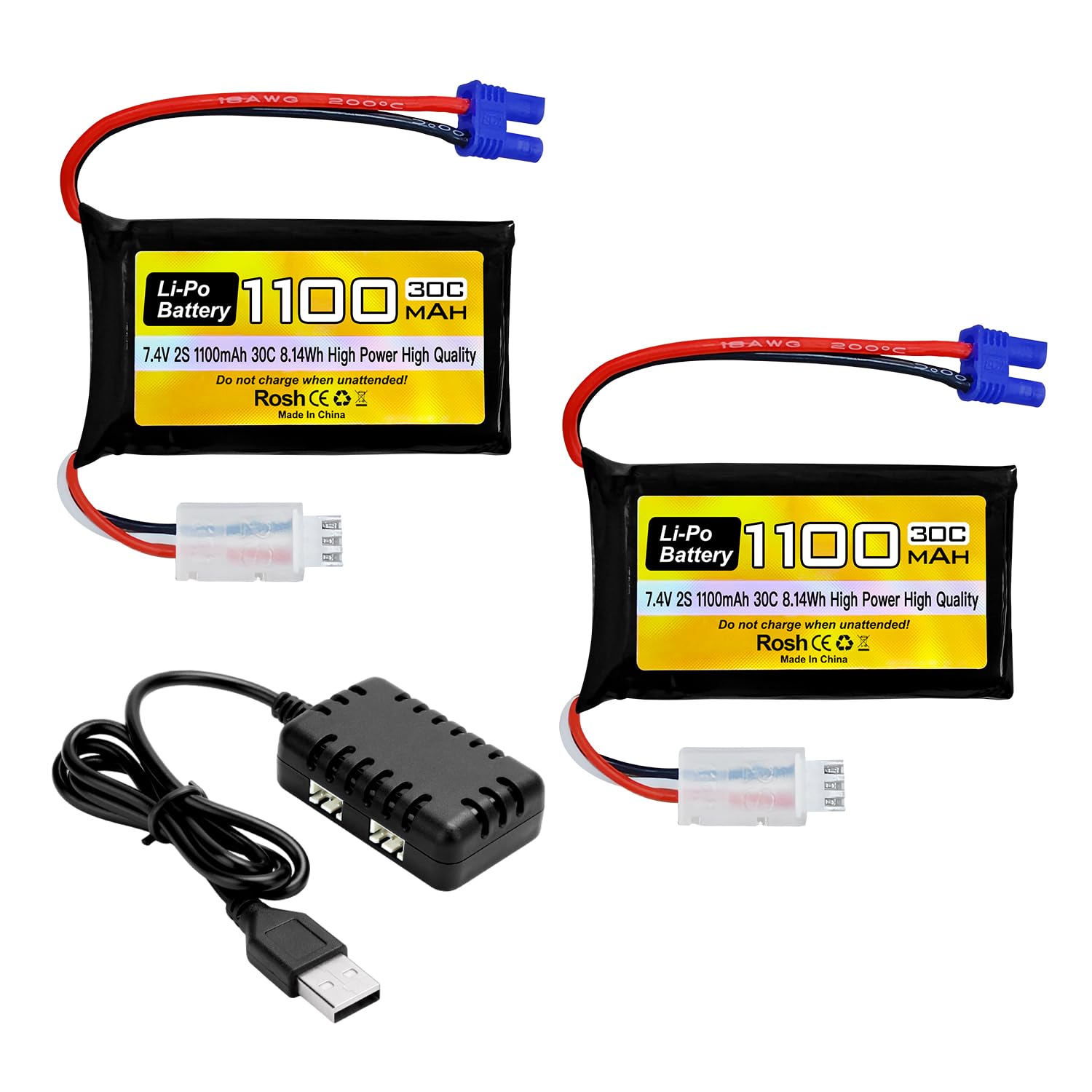2PCS 7.4V 1100mAh 2S Lipo Akku mit EC2 Stecker und 2-in-1 Ladegerät für UTB18 Allradantrieb Off-Road Hochleistungskletterfahrzeug RC Fernbedienung Fahrzeug