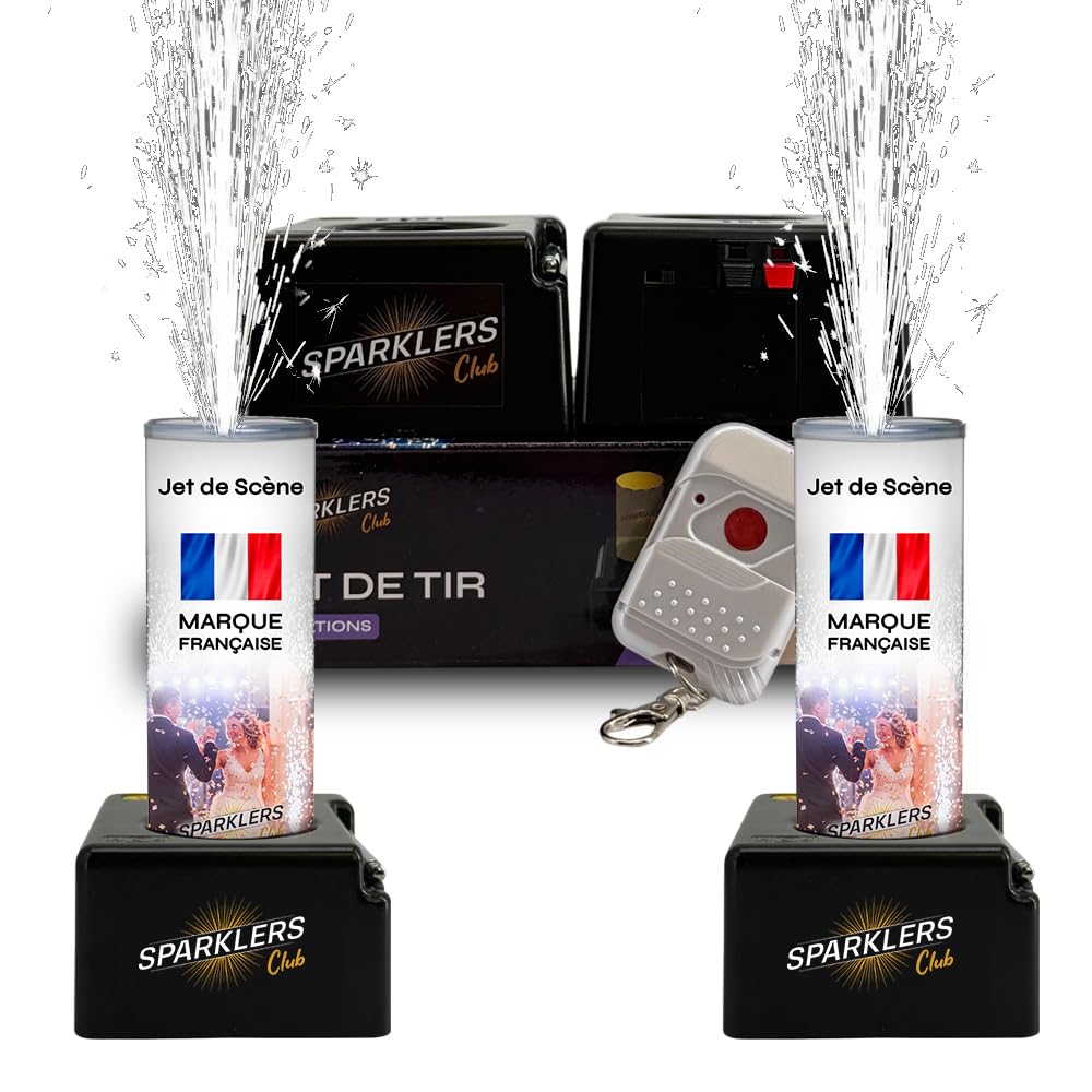 SPARKLERS CLUB Set di 2 trigger + getti di scena color argento, batteria e telecomando inclusi, getto di scena per interni a scintille per matrimonio, categoria F1 (1 metro 30 sec, 2)