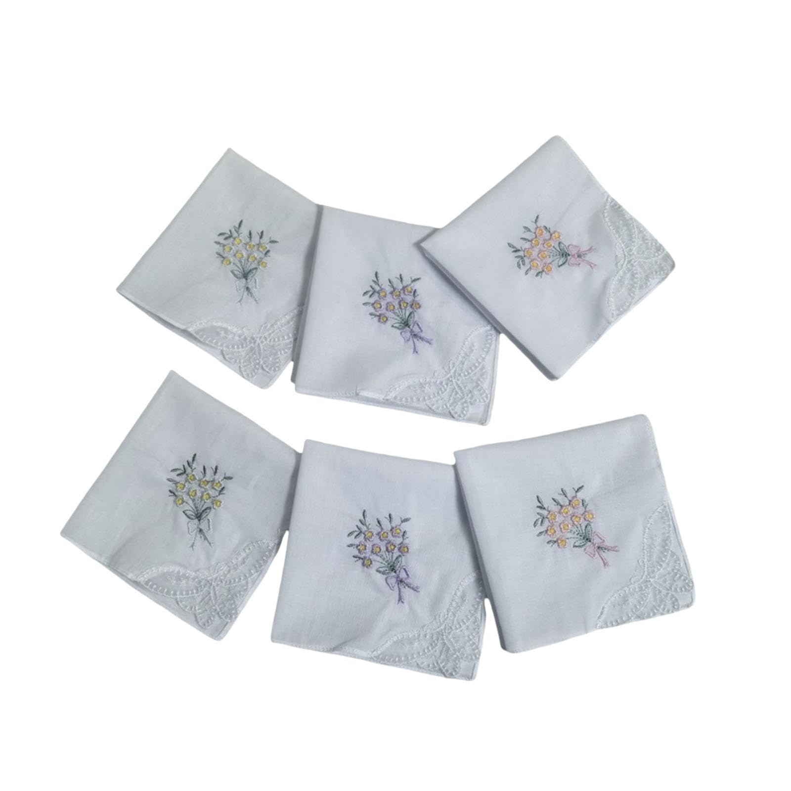UGPLM 6 Pieces Embroidered Lace Cotton Handkerchiefs Flower Hankies for Wedding Dinner