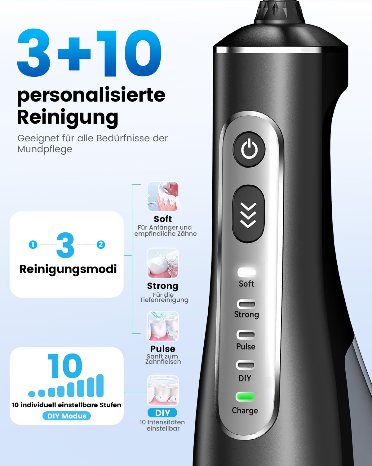 JTF Jet Dentaire Hydropulseur Oral - 300 ML Sans Fil Irrigateur, 3+1 Modes, Étanche IPX7 Water Flosser, Idéal pour Orthodontie, Appareil Dentaire, Gencives Sensibles Maison et Les Voyages(Noir) - 3