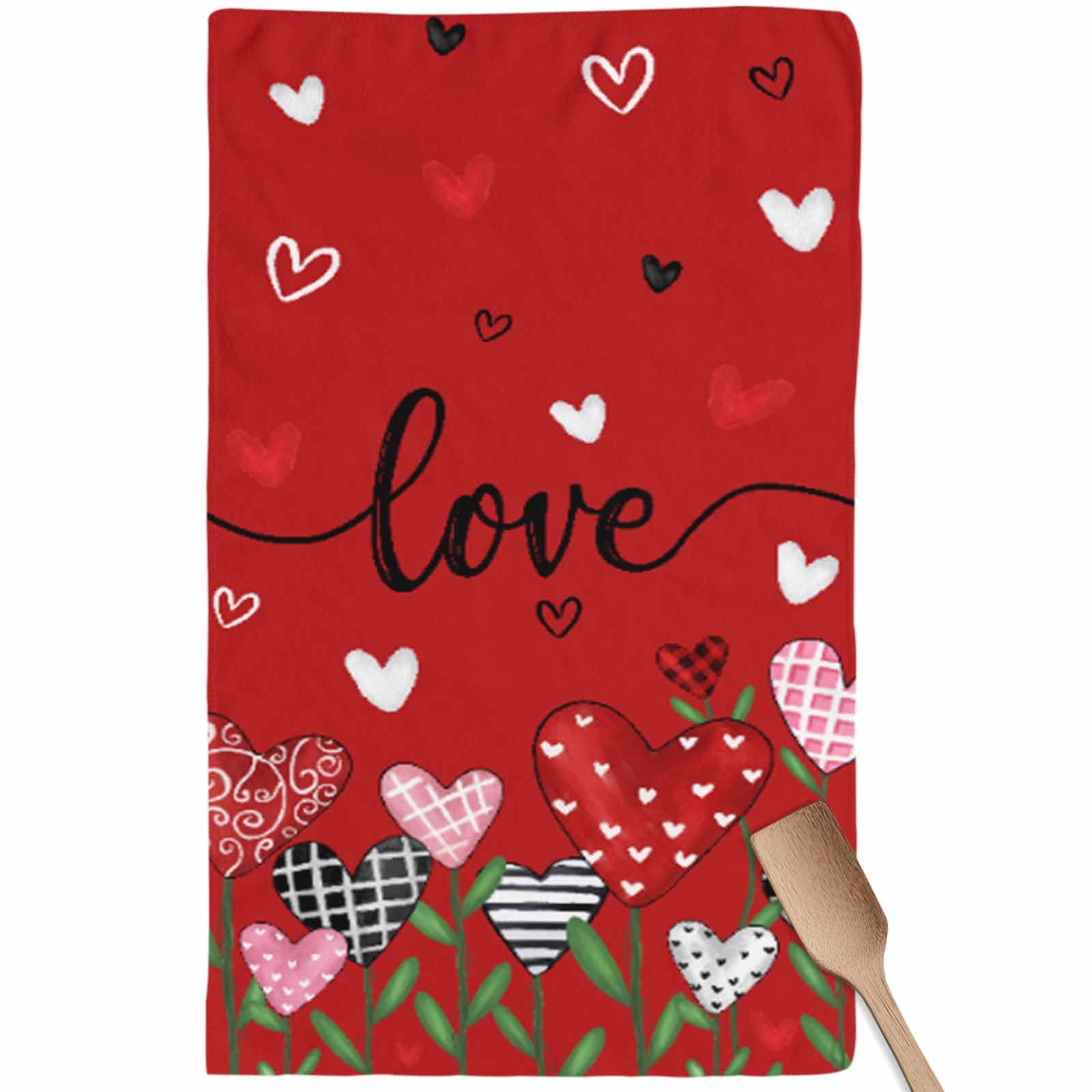 Valentines Kitchen Towels Love Heart Flower Hand Towels Black Red Valentines Day Dish Towel Soft Absorbent Quick Drying Dish Cloths 18x28 Inch Anniversary Wedding Decoration